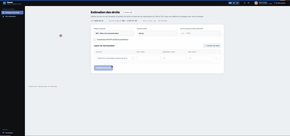 Démonstration Doanix Clair : estimation des droits de douane